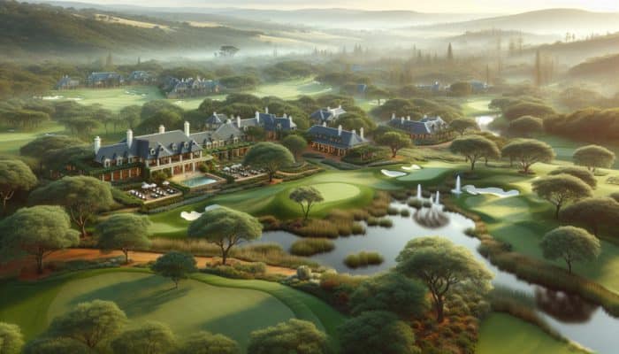 Aerial view of Mtunzini Country Club with golf courses, clubhouses, and water features in South Africa.