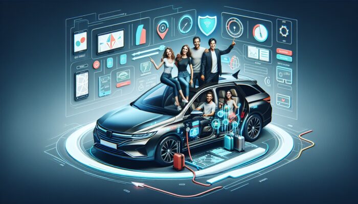 A spacious rental car with GPS, ample legroom, and storage, showing a happy group on a fuel-efficient road trip.