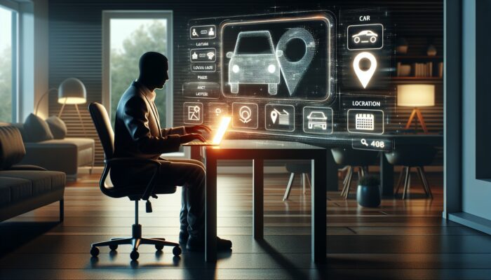 Individual using a laptop to search for car rentals online in a contemporary home office environment.