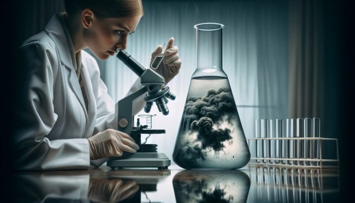 A scientist examines murky water under a microscope, with dark clouds reflected, symbolising contamination dangers.