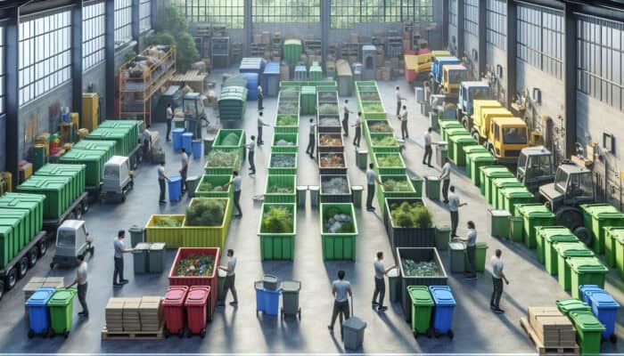 A house clearance team sorting garden waste into labeled bins at a recycling facility, emphasizing eco-friendly practices.