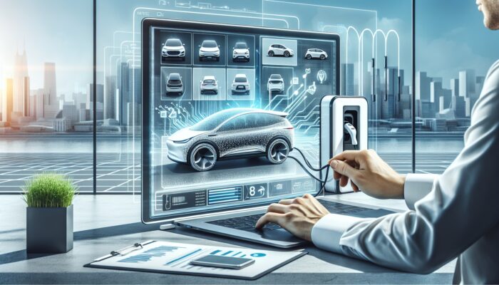 Individual finalising EV rental on laptop, showcasing EV models on screen, with a charging station and city skyline in view.