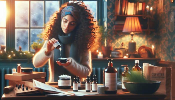 A woman with curly hair applies argan oil conditioner and treatments in a cozy Australian home during winter.