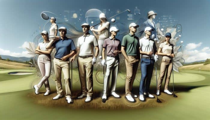 Expert golfers showcasing premium golf apparel brands on a lush green course.