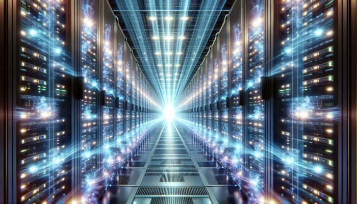 A futuristic data center with glowing servers and vibrant light beams, symbolising reliable uptime in clustered hosting.