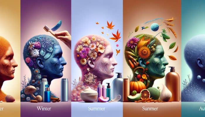 Person adjusting scalp care routine with seasonal products: winter shampoo, summer conditioner, spring exfoliant, autumn treatment.