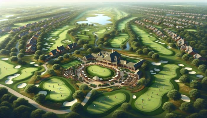 Cotswold Downs Country Club: Aerial view showcasing lush fairways, pristine greens, a vibrant clubhouse, and golfers enjoying the serene landscapes.