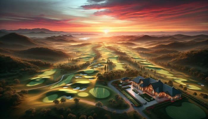 Aerial view of Cotswold Downs Country Club at sunset, showcasing golf courses, the clubhouse, and undulating hills.