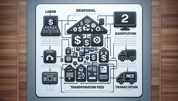 Infographic displaying house clearance costs with sections on labour, disposal, and transportation, illustrated with icons and graphs.