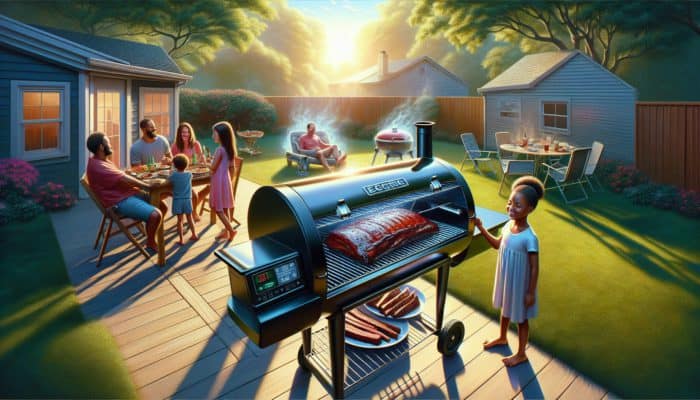 A sleek electric smoker on a sunny Australian backyard patio, smoking ribs and brisket, with a family enjoying the BBQ.