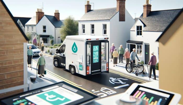 A mobile testing unit in Abingdon-on-Thames, serving elderly and mobility-impaired individuals for diabetes testing.