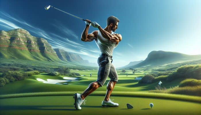Louis Oosthuizen exemplifying strength and consistency in his golf swing on a lush green course.