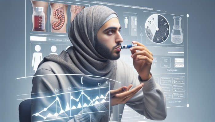 Person undergoing OGTT, drinking glucose solution, with clock and blood sugar graph in clinic.