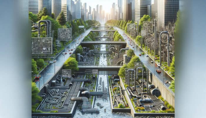 A variety of drainage systems in Port Coquitlam, featuring pipes, grates, and channels amidst urban and green settings.