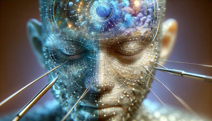 A serene face with acupuncture needles, enhancing skin firmness and youthfulness.