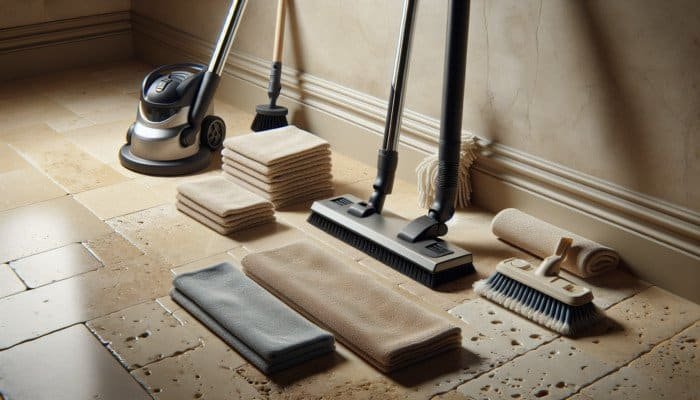 Soft-bristle broom, vacuum with brush, microfiber cloths, and soft mop with pH-neutral cleaner cleaning travertine floor.