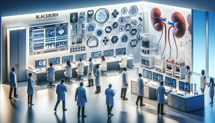 Modern Blackburn lab showcasing advanced technology for precise, less invasive kidney blood tests with a focus on biomarker research.