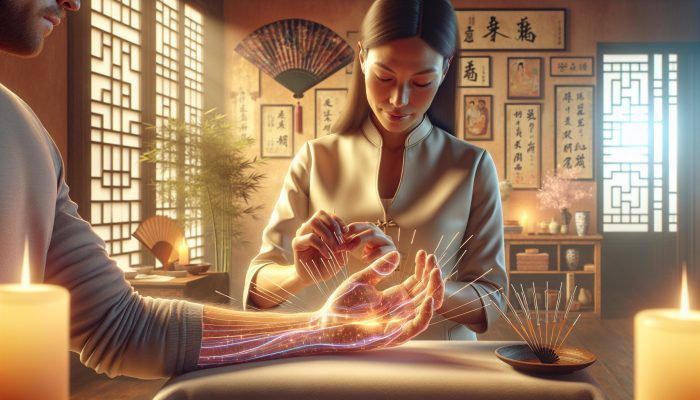 Acupuncture needles placed around wrist and forearm for pain relief in a traditional Chinese clinic.