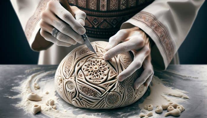 Artisan baker's hands scoring intricate floral and geometric patterns into dough.