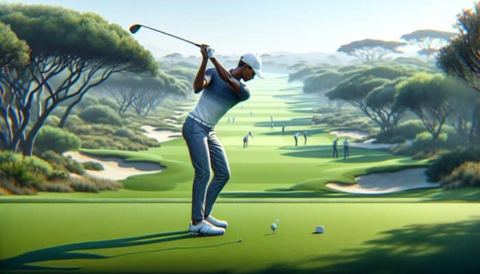 A South African golfer practicing essential swing techniques on a lush golf course, utilising an open stance for higher trajectory.