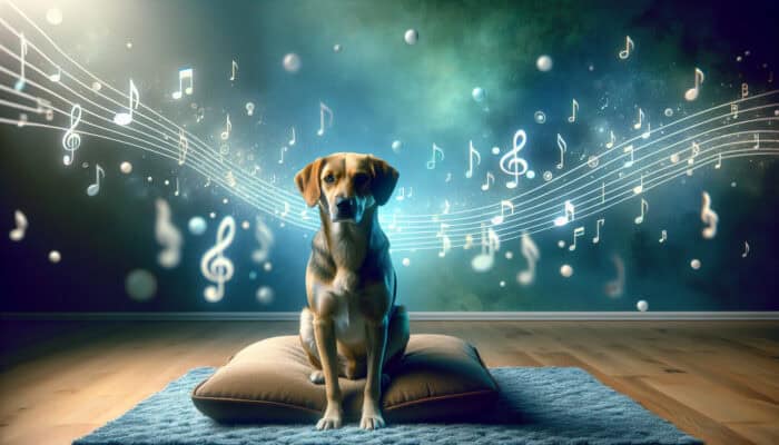 A dog calmly sitting on a soft mat during a serene training session with soothing music.