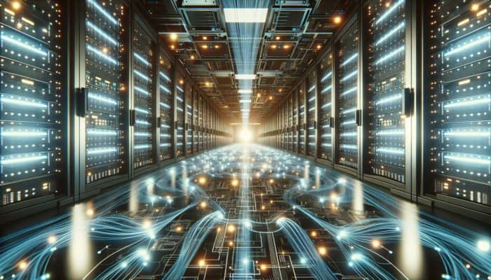 A futuristic server room with glowing caches enhancing data speed through light streams.