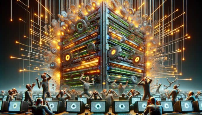 A server overwhelmed with outdated data, frustrated users viewing old information, highlighting the necessity for fresh caching.