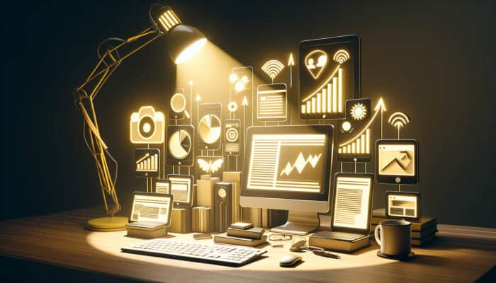 A virtual assistant's desk with portfolios, glowing screens of successful blog projects, traffic charts, and client references under a focused lamp.
