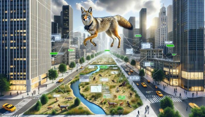 Urban predators tracked using GPS collars and camera traps in a cityscape, showcasing their movement and behaviours.