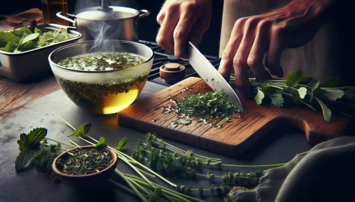 Fresh herbs being chopped on a wooden board beside oil infusing with herbs for salad dressings.