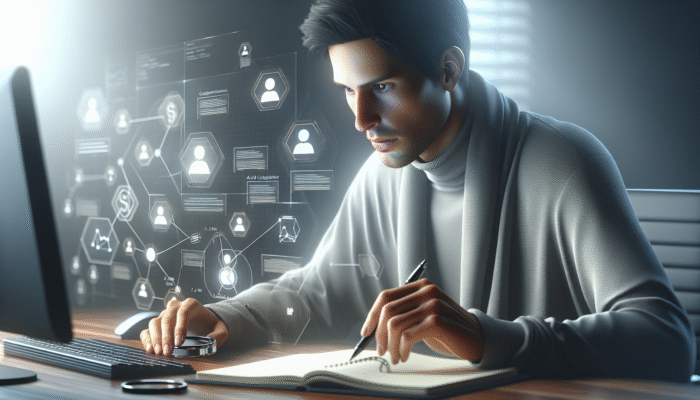 A digital strategist analysing competitor backlinks on a computer, surrounded by charts, crafting outreach messages.