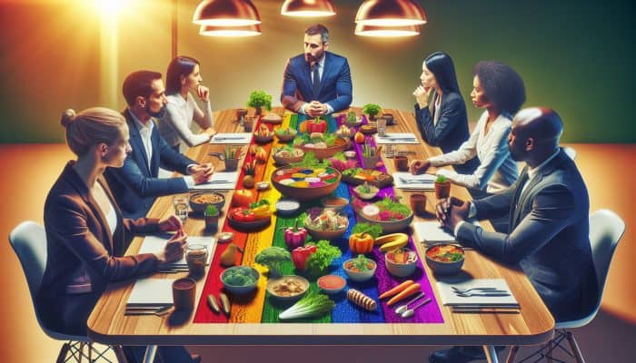 A diverse spread of vegetarian dishes on a table, with experts discussing meal planning in a modern setting.