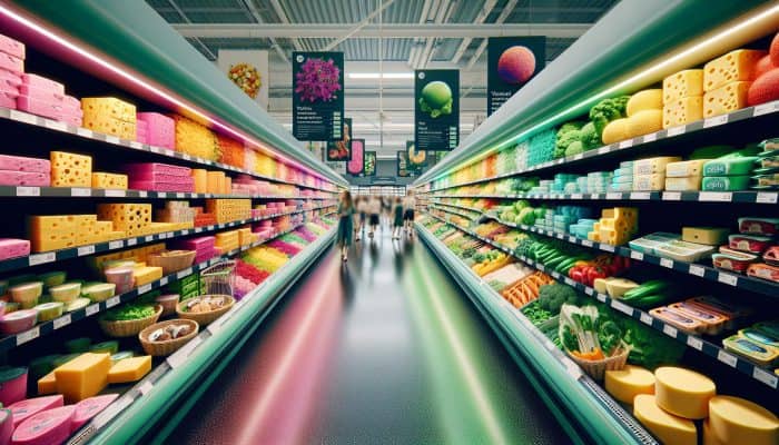 A vibrant array of plant-based meat alternatives and dairy-free cheeses in a UK supermarket aisle, reflecting contemporary vegetarian and vegan trends.