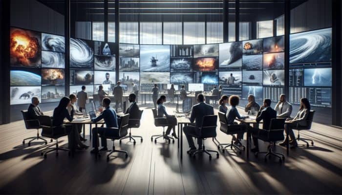 A diverse group of experts discussing emotional preparedness for disasters in a calm, well-lit room.