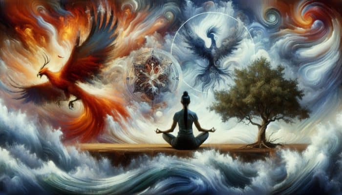 A person meditating during a storm, surrounded by symbols of resilience, reflecting calm and emotional preparation.