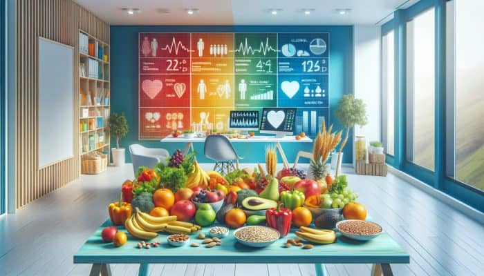 A table filled with fruits, vegetables, whole grains, and healthy fats like avocados and nuts, in front of a health clinic.