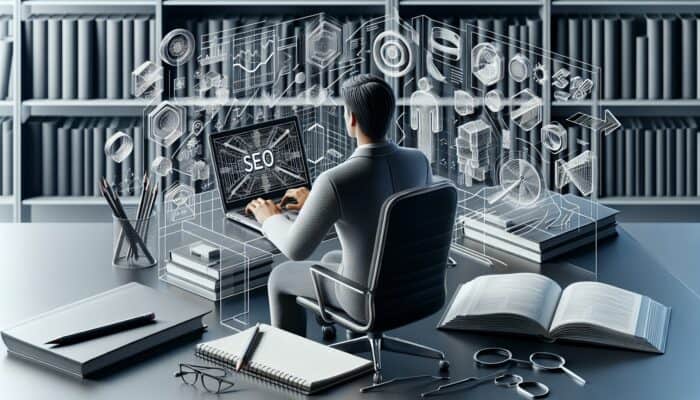 A professional at a desk with a laptop showing SEO analytics, surrounded by content writing resources.