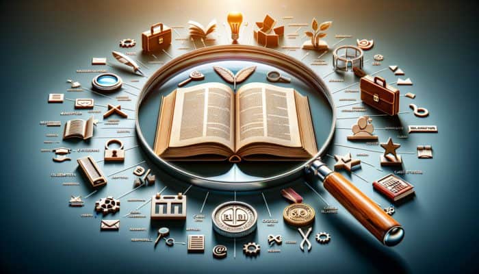 An open book with a magnifying glass on author credentials, surrounded by high-quality content, case studies, and citations.