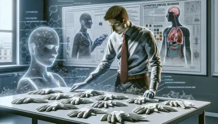 Person in Livingston studying polythene gloves with expert guides and charts.