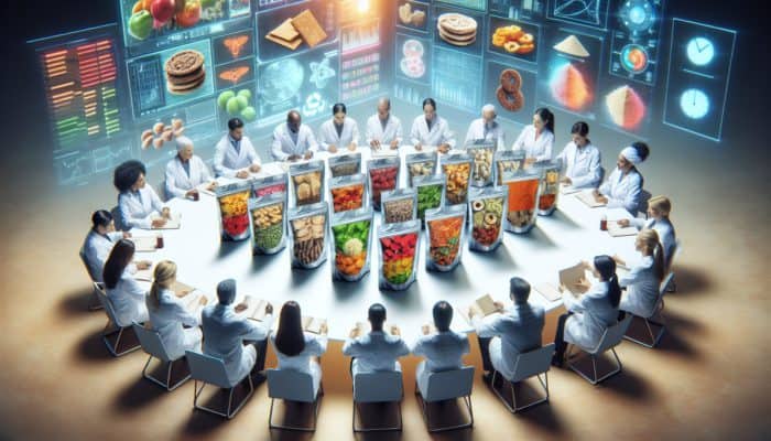 A table displaying freeze-dried food packets analysed by specialists in lab coats, with accompanying charts and graphs.