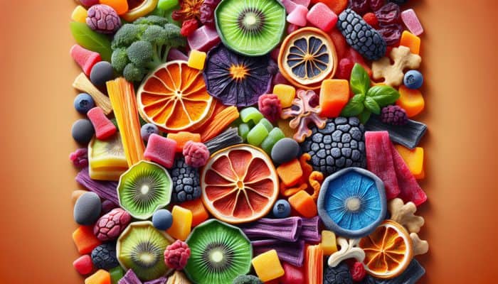 A vibrant selection of freeze-dried fruits and vegetables, demonstrating their nutrition and flavour.