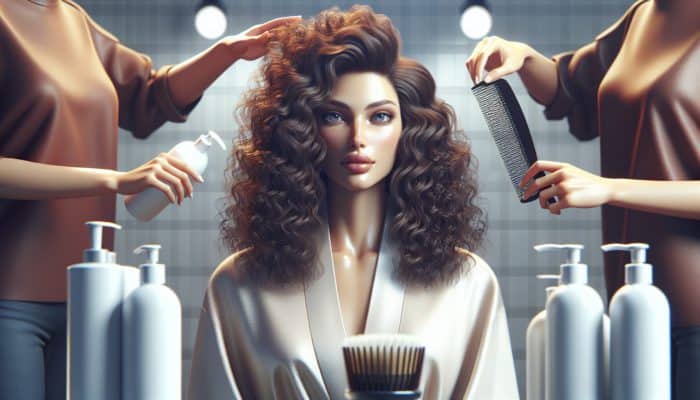 Professional stylist showcasing bouncy, defined curls using curl care products in a modern bathroom.