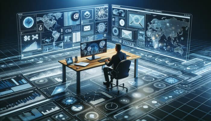 A virtual assistant participating in an online webinar, surrounded by screens displaying email tools and trends.