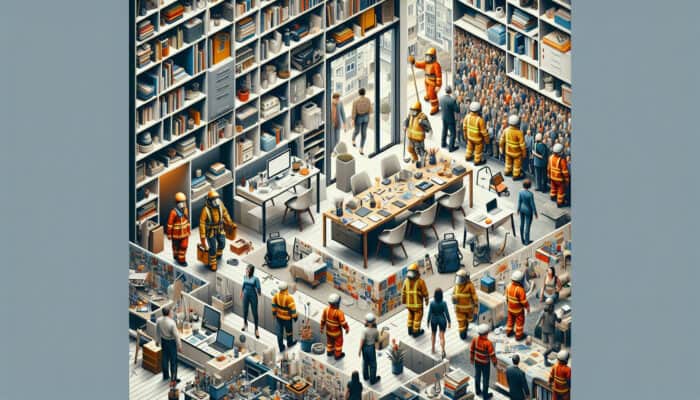 A well-organised home office with a timeline chart, professionals in safety gear clearing a house, and stakeholders discussing legal documents.