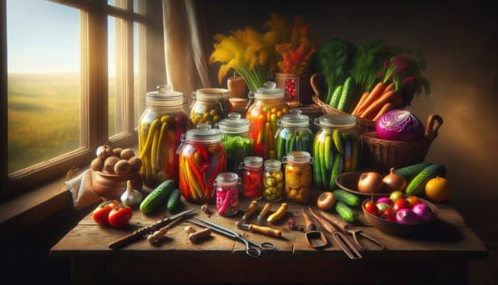 A rustic kitchen table adorned with jars of pickled vegetables, fresh produce, and essential pickling tools, ready for culinary exploration.