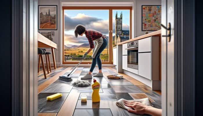 A person diligently cleaning grout haze from kitchen floor tiles in West Dunbartonshire, framed by Scottish architecture.