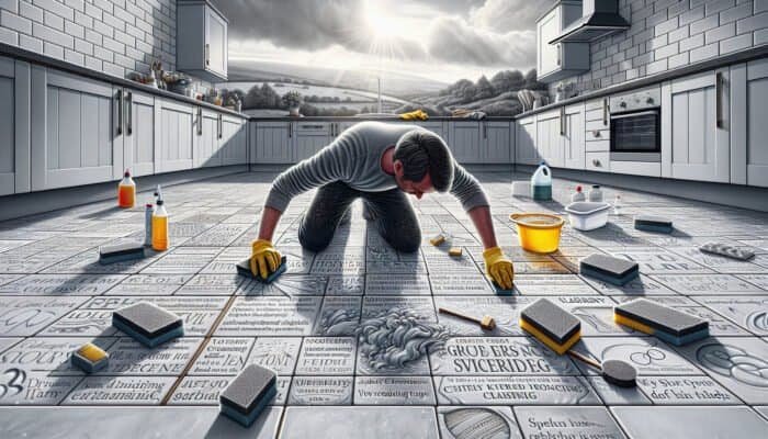 Person successfully cleaning grout haze from kitchen tiles in West Dunbartonshire.