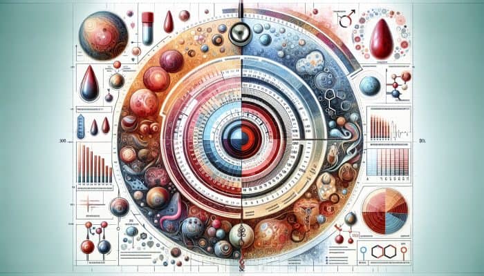 A medical chart showing male hormone test results with testosterone levels between 300-1000 ng/dL.