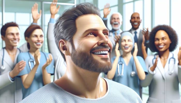 35-year-old man in Dukinfield clinic, revitalised after testosterone therapy, symbolising successful hormone treatment.