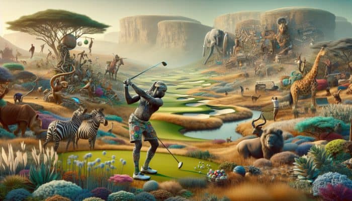 A South African golfer on a course with unique flora and fauna, adapting to local environmental rules.